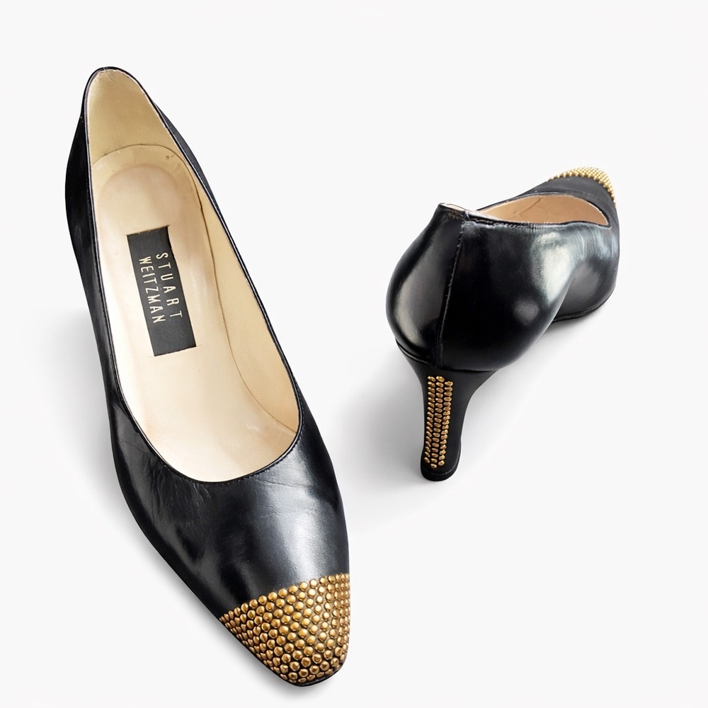 Stuart Weitzman Black Leather Gold Studded Cap Toe Pumps 8.5